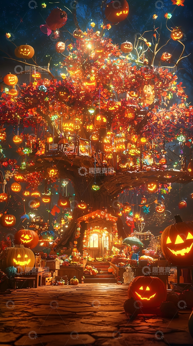 高清大图下载【趣麦麦图】万圣节南瓜树夜景