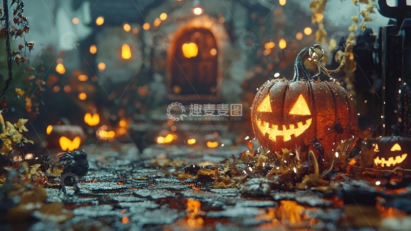 高清大图下载【趣麦麦图】万圣节南瓜灯与鬼屋场景