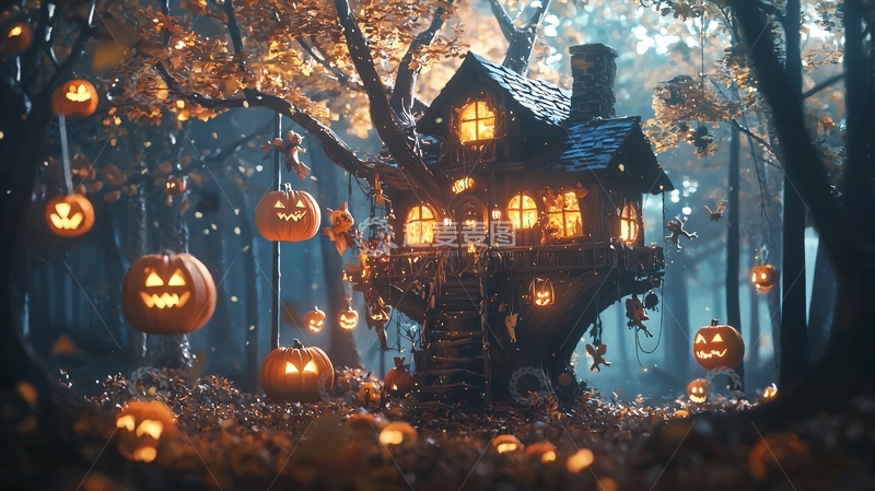 高清大图下载【趣麦麦图】万圣节树屋与南瓜灯