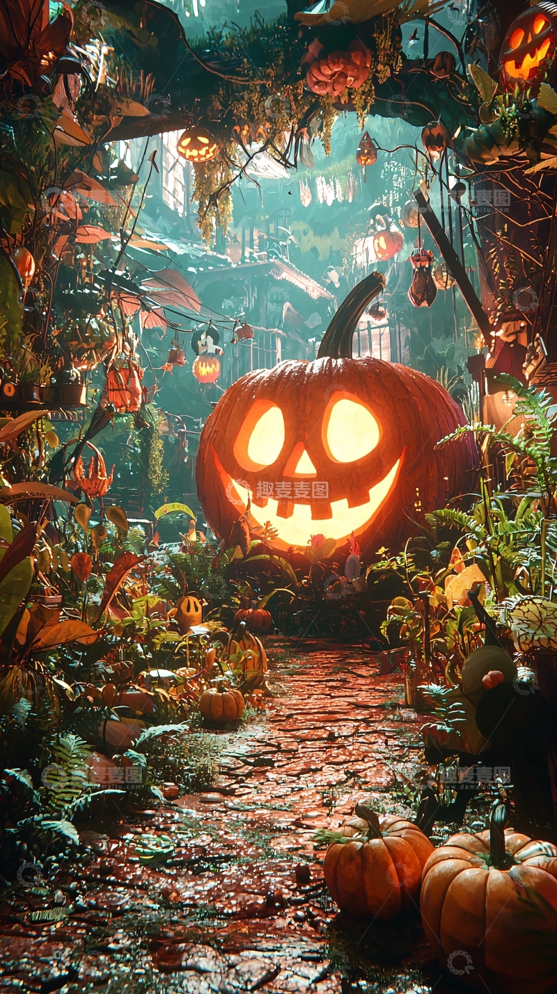 高清大图下载【趣麦麦图】万圣节南瓜灯森林小径