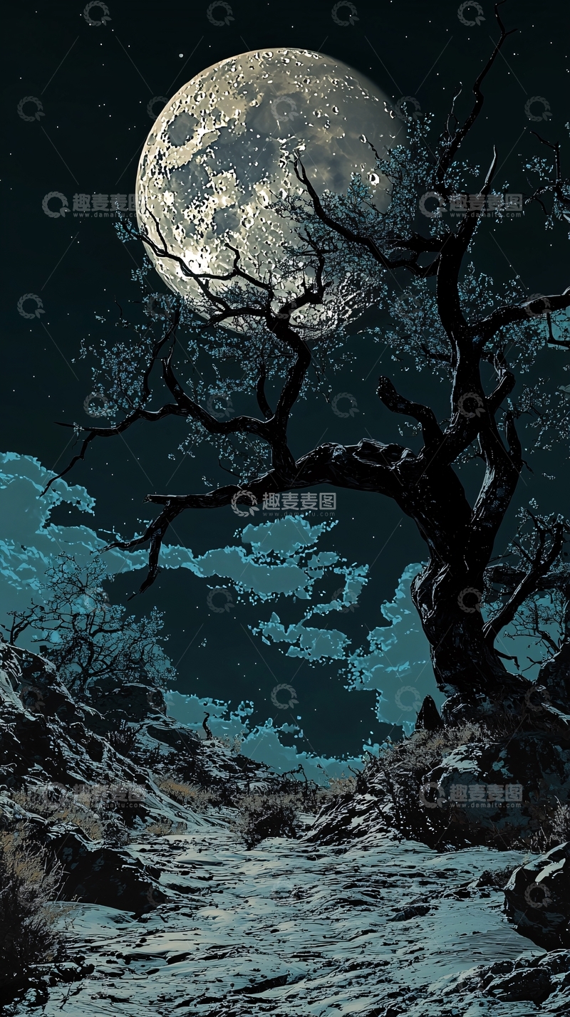 高清大图下载【趣麦麦图】月光下的枯树与河流