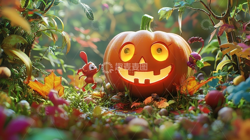 高清大图下载【趣麦麦图】万圣节南瓜灯与小动物