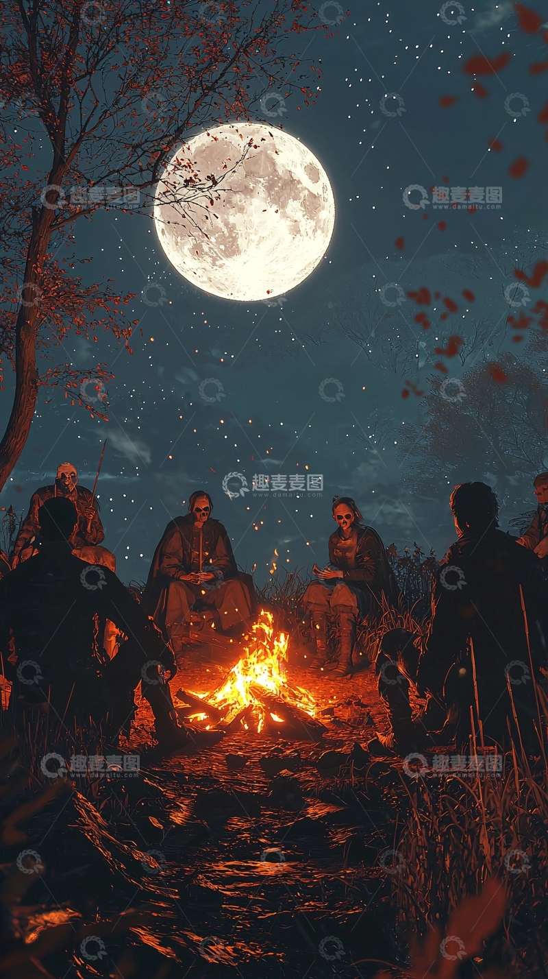 高清大图下载【趣麦麦图】夜晚篝火旁的神秘聚会