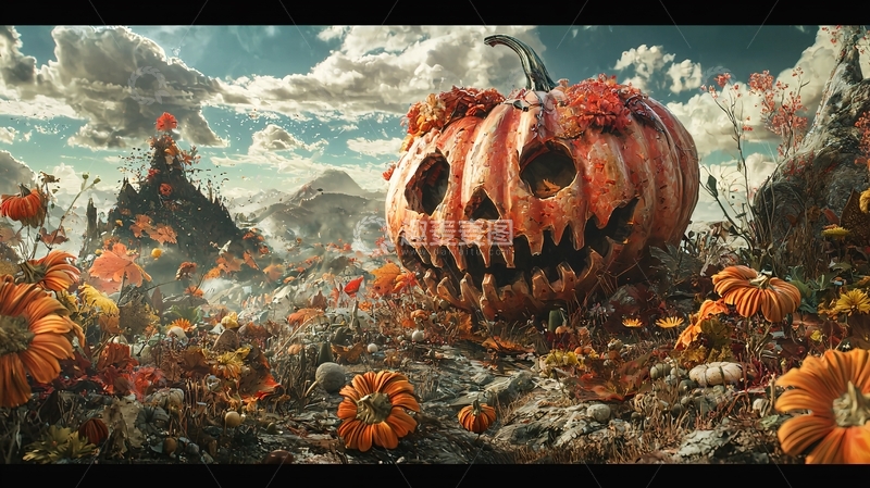 高清大图下载【趣麦麦图】万圣节南瓜与秋叶的奇幻场景