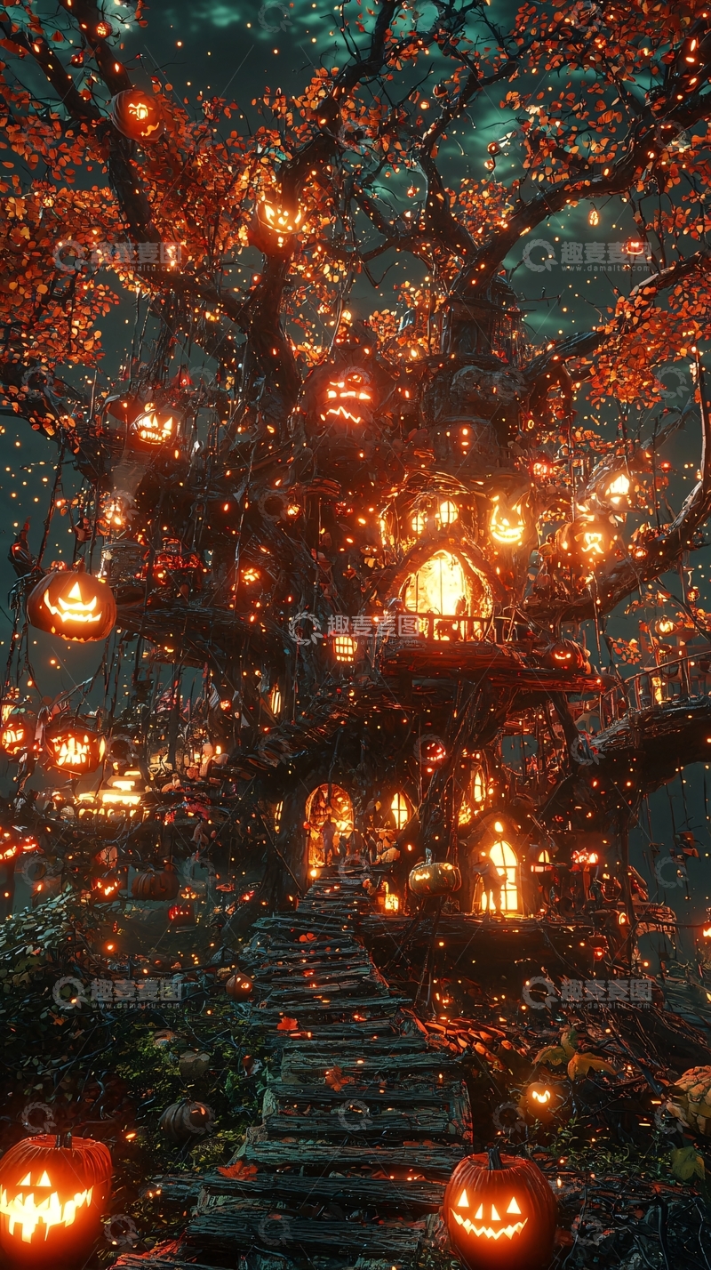 高清大图下载【趣麦麦图】万圣节树屋夜景