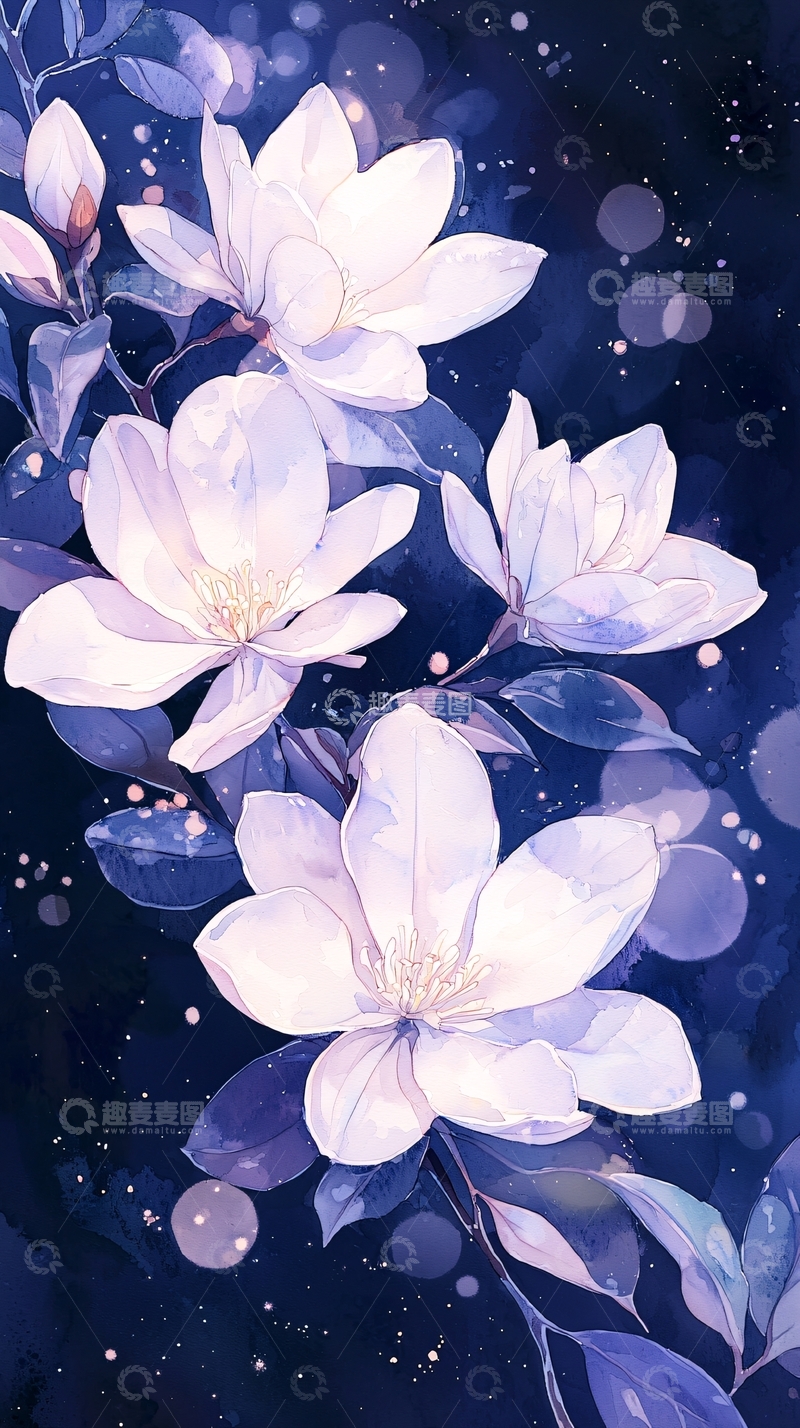 高清大图下载【趣麦麦图】梦幻夜色下的花朵插画