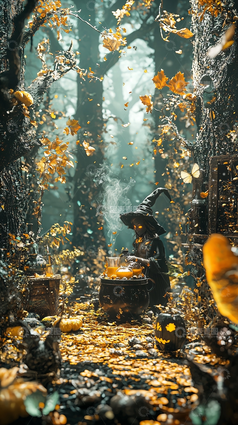 高清大图下载【趣麦麦图】秋日森林中的女巫与魔法药水
