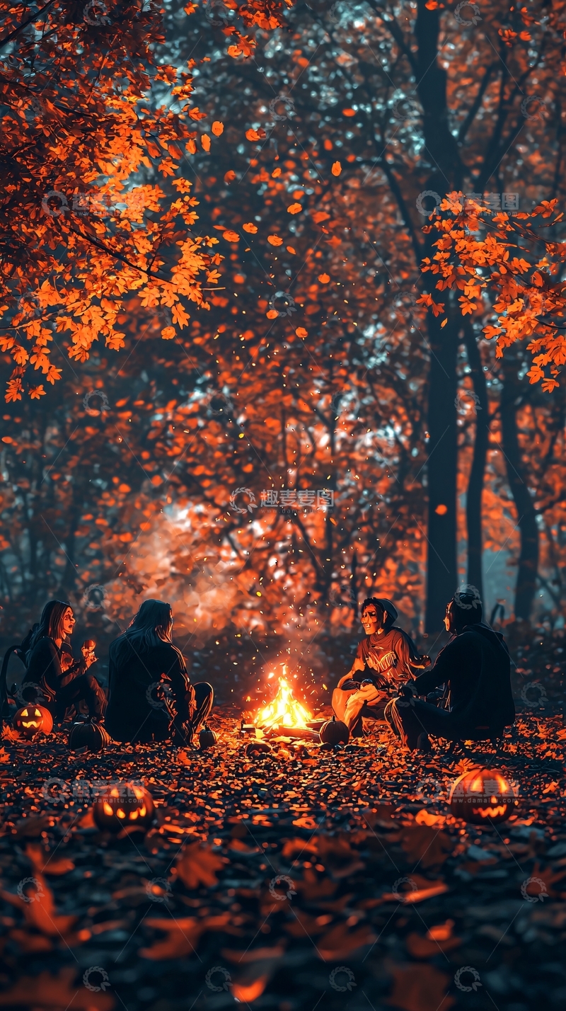 高清大图下载【趣麦麦图】秋夜森林篝火聚会