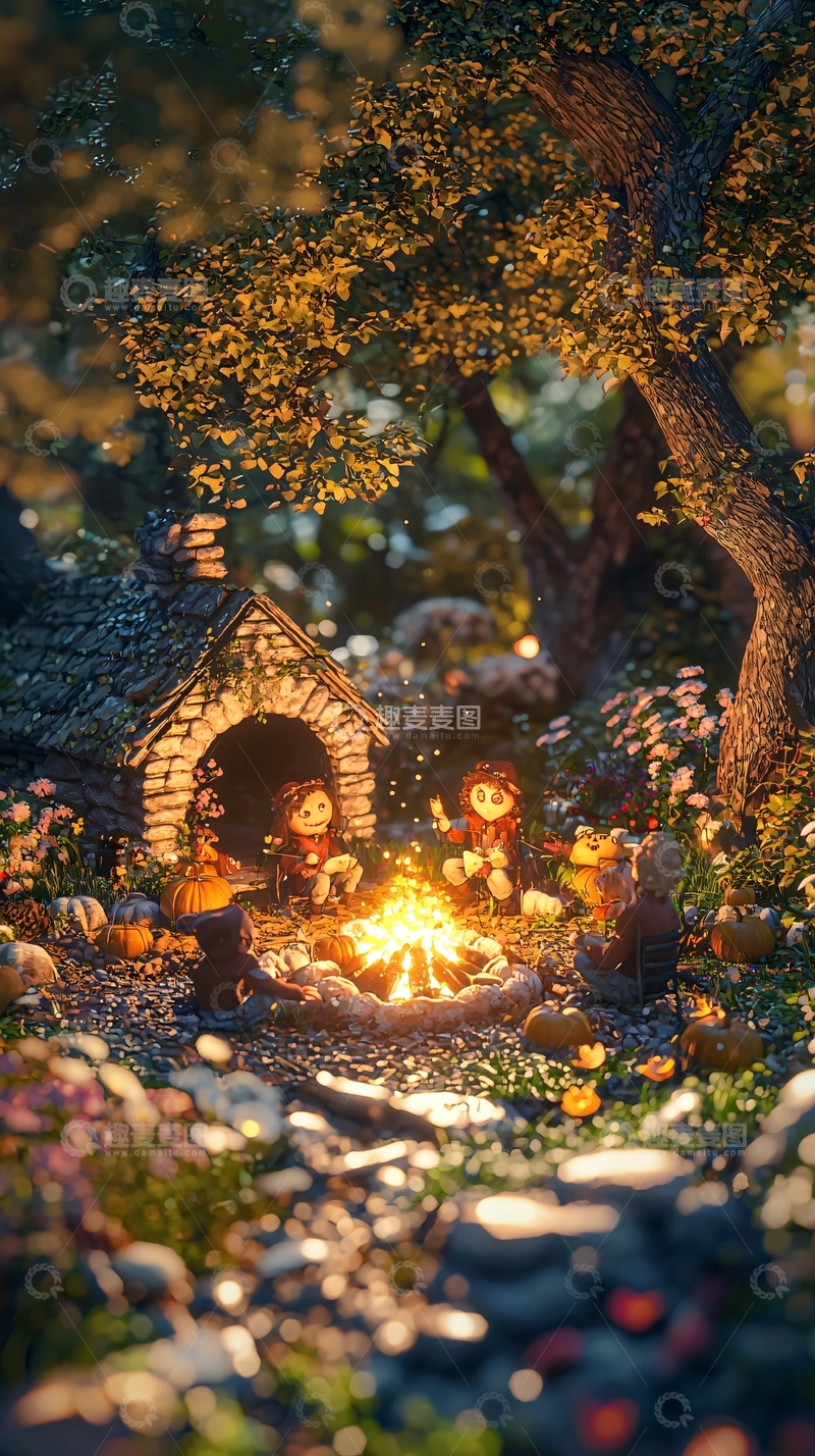高清大图下载【趣麦麦图】秋日森林中的温馨篝火