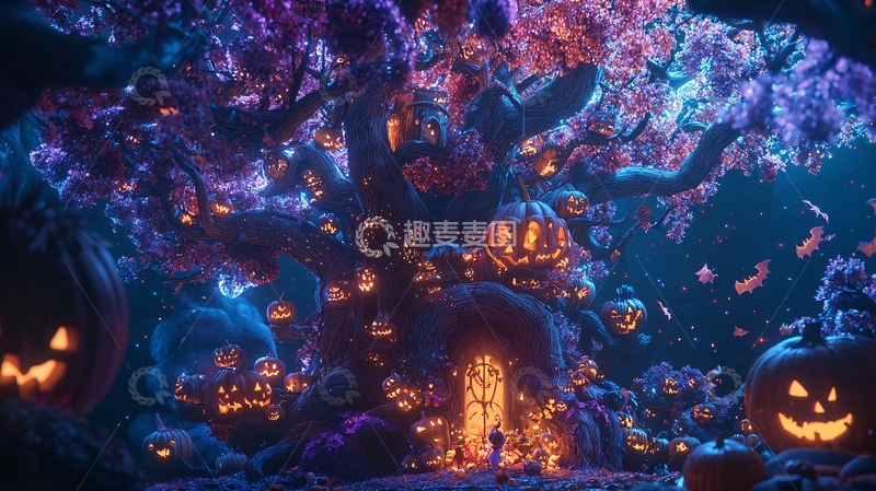 高清大图下载【趣麦麦图】万圣节树下的南瓜灯