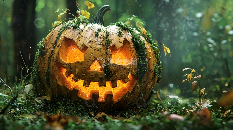 高清大图下载【趣麦麦图】森林中的万圣节南瓜灯