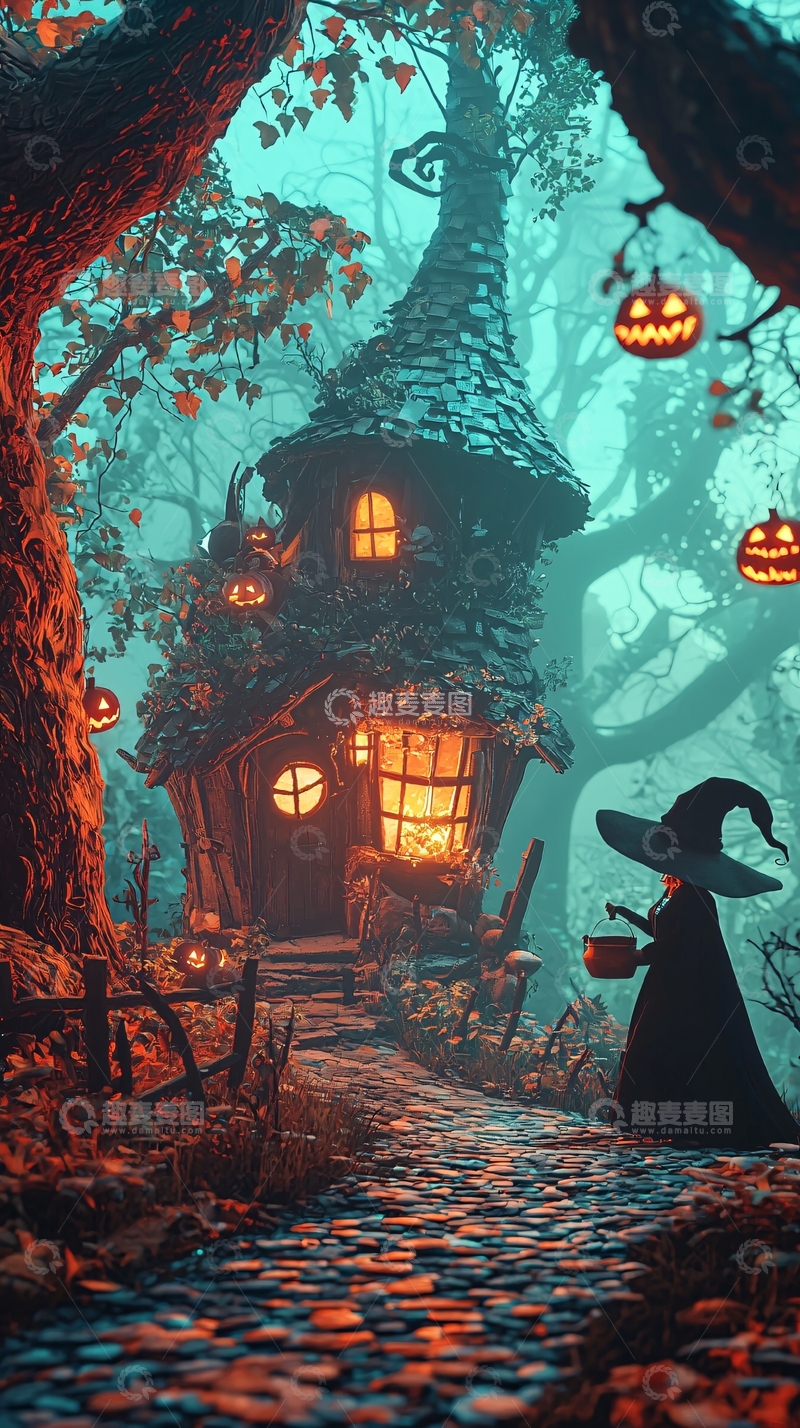 高清大图下载【趣麦麦图】万圣节森林中的小屋与女巫