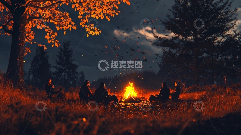 高清大图下载【趣麦麦图】秋夜篝火围坐图