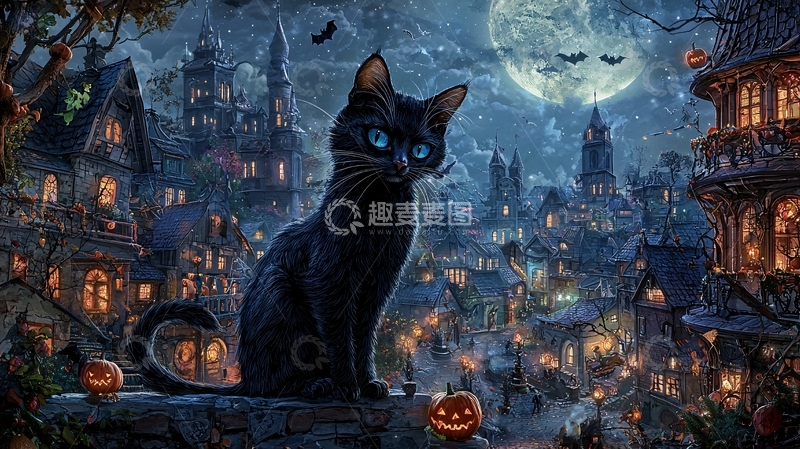 高清大图下载【趣麦麦图】万圣节夜景中的黑猫