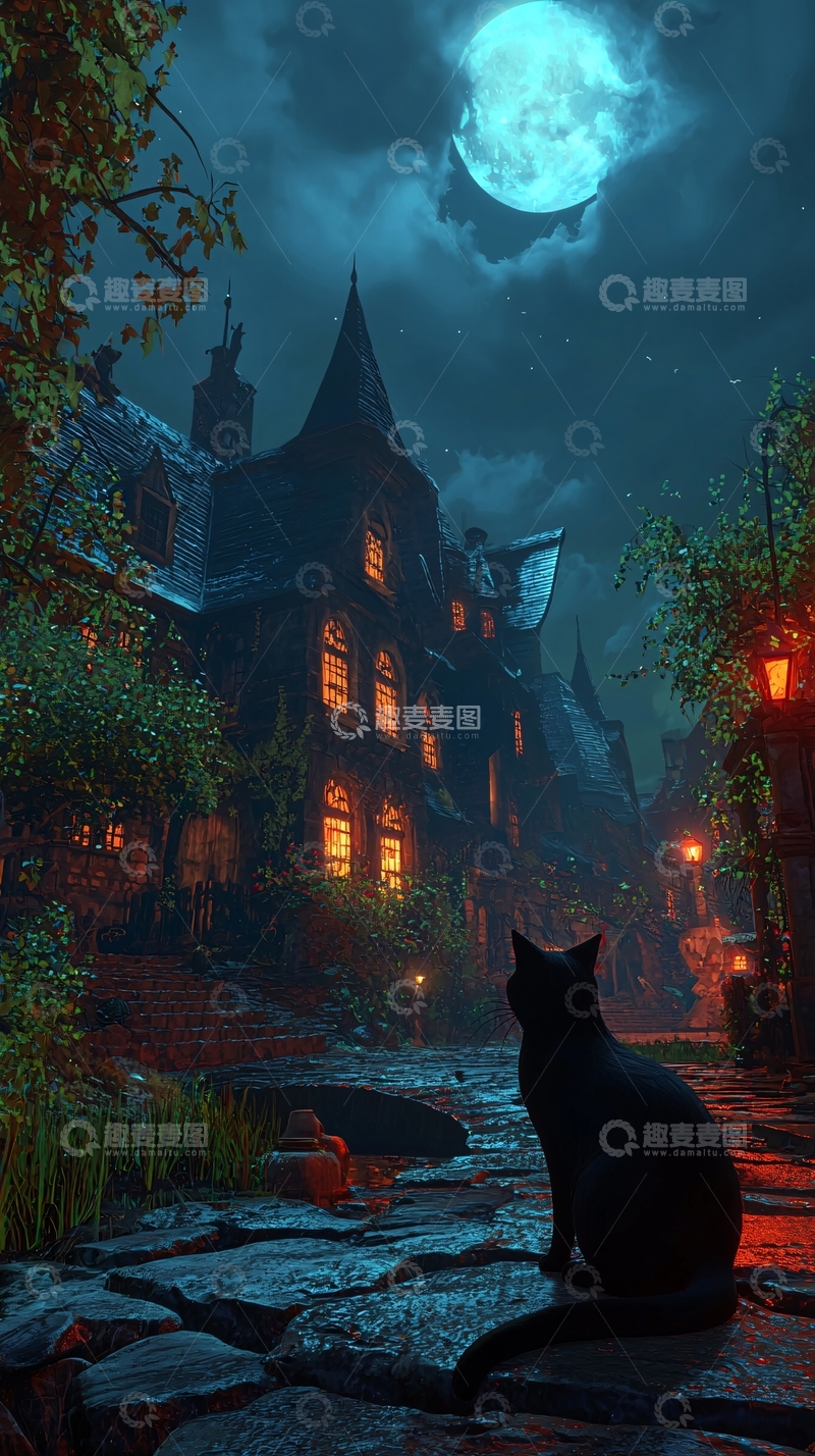 高清大图下载【趣麦麦图】月光下的神秘古堡与黑猫