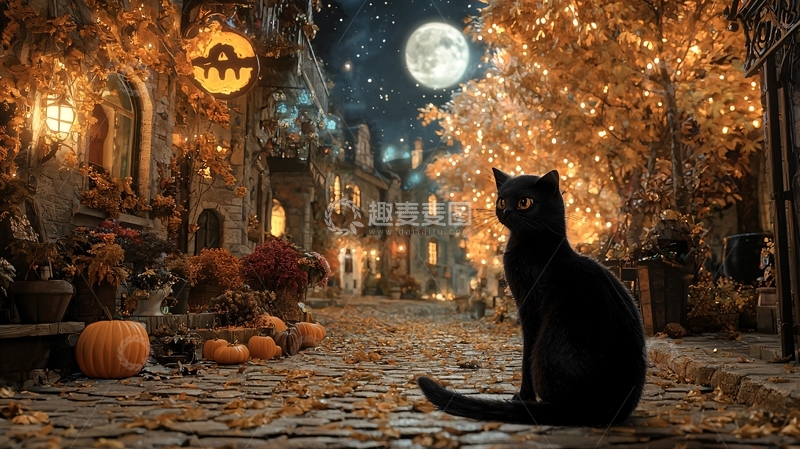 高清大图下载【趣麦麦图】万圣节夜晚黑猫与南瓜灯