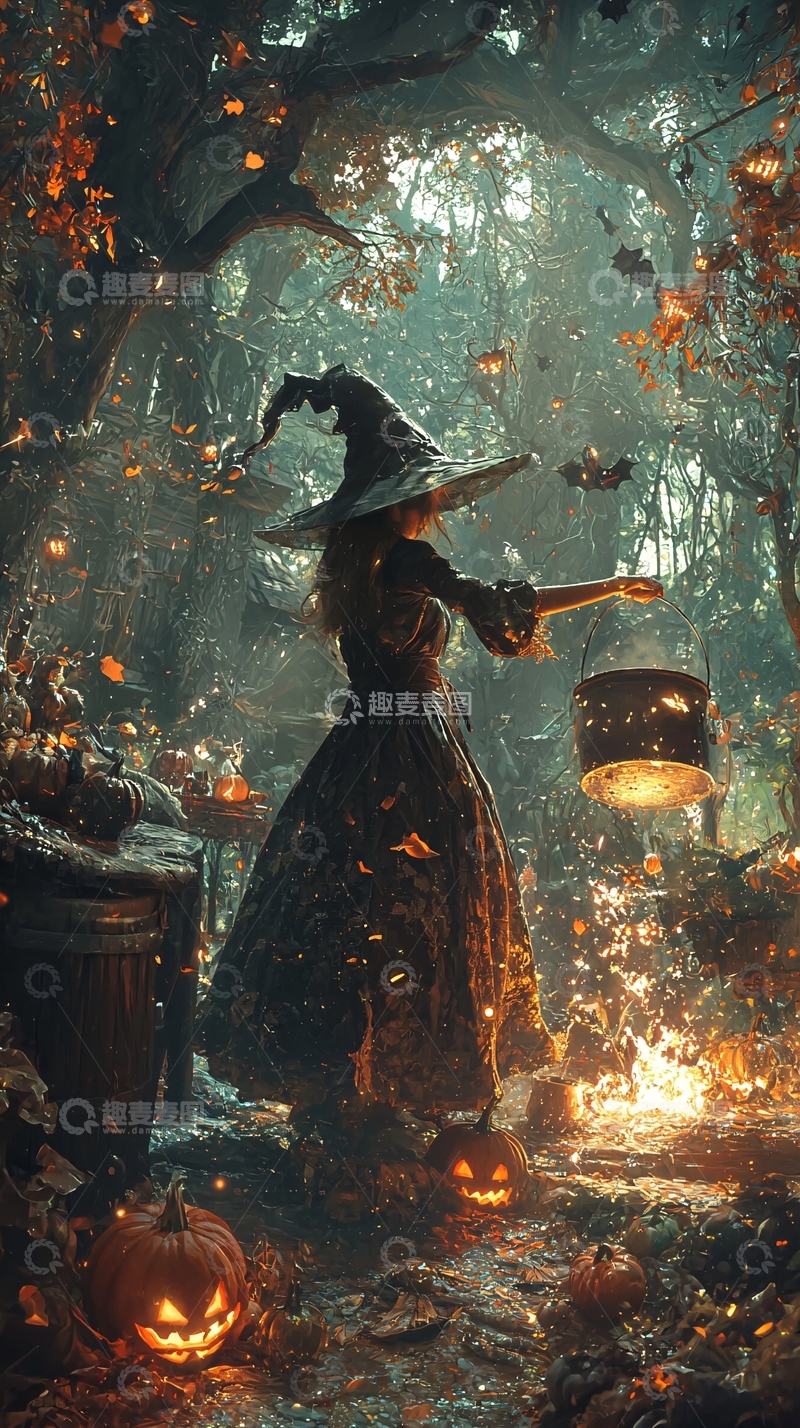 高清大图下载【趣麦麦图】万圣节女巫与南瓜灯