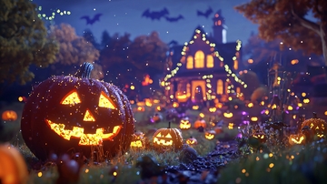 万圣节南瓜灯与鬼屋夜景