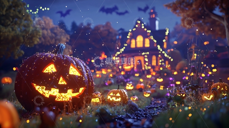 高清大图下载【趣麦麦图】万圣节南瓜灯与鬼屋夜景