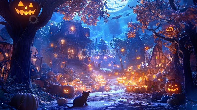 高清大图下载【趣麦麦图】万圣节夜晚南瓜灯村庄