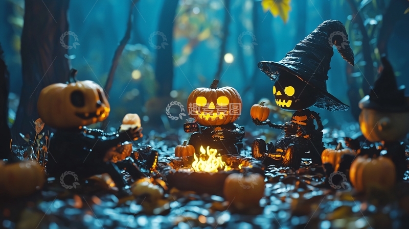 高清大图下载【趣麦麦图】万圣节森林中的南瓜灯和小巫师