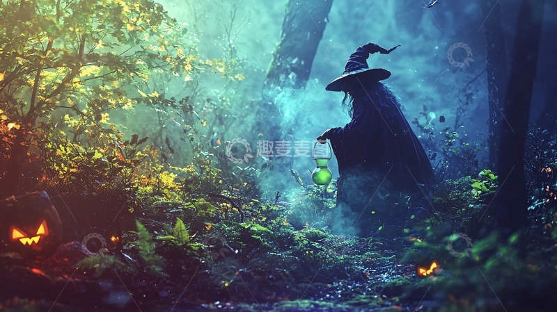 高清大图下载【趣麦麦图】森林中的女巫与南瓜灯