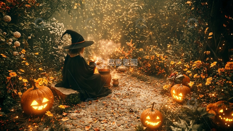 高清大图下载【趣麦麦图】万圣节女巫与南瓜灯