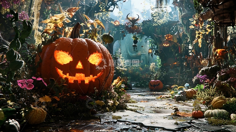 高清大图下载【趣麦麦图】万圣节南瓜灯森林场景