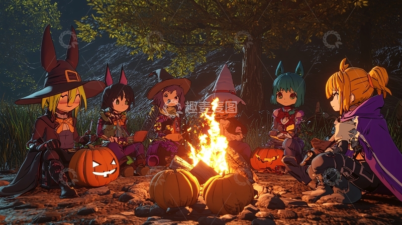 高清大图下载【趣麦麦图】万圣节夜晚森林中的魔法聚会