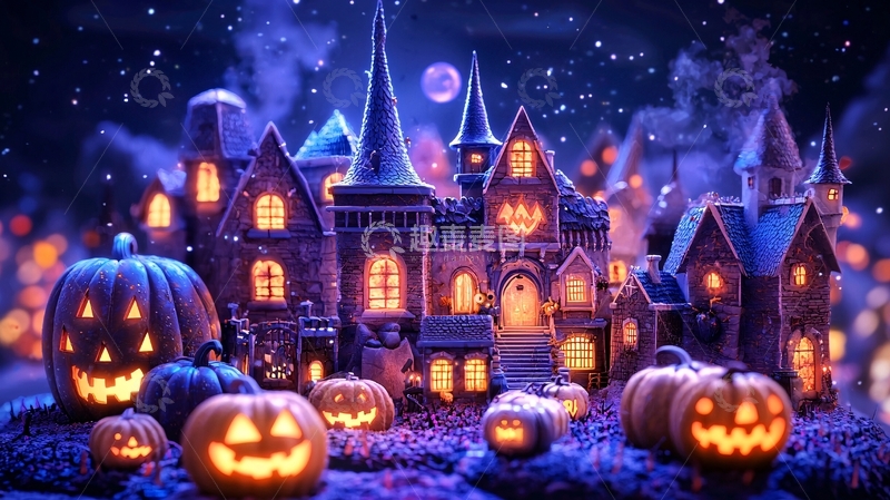 高清大图下载【趣麦麦图】万圣节南瓜灯与城堡夜景