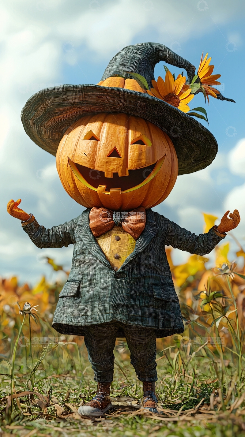 高清大图下载【趣麦麦图】南瓜头戴巫帽的卡通人物