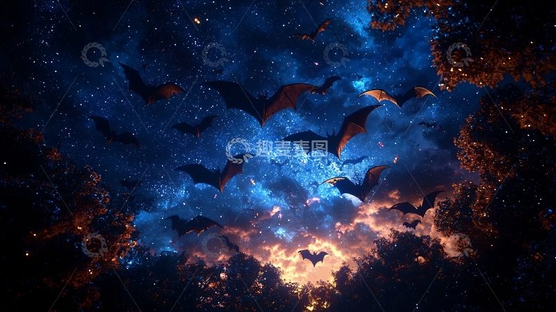 高清大图下载【趣麦麦图】夜空中的蝙蝠群