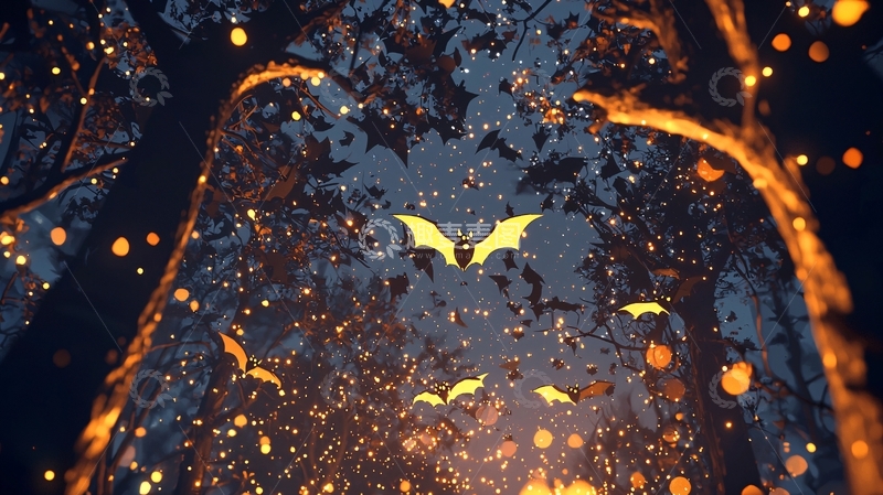 高清大图下载【趣麦麦图】夜晚森林中的蝙蝠与光点