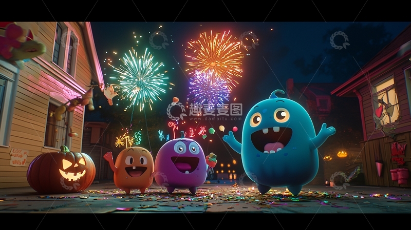 高清大图下载【趣麦麦图】万圣节夜空下的彩色怪物