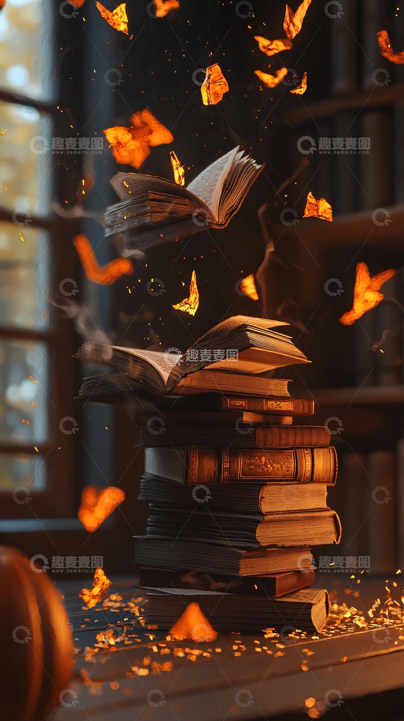 高清大图下载【趣麦麦图】燃烧的书堆与飞舞的纸片