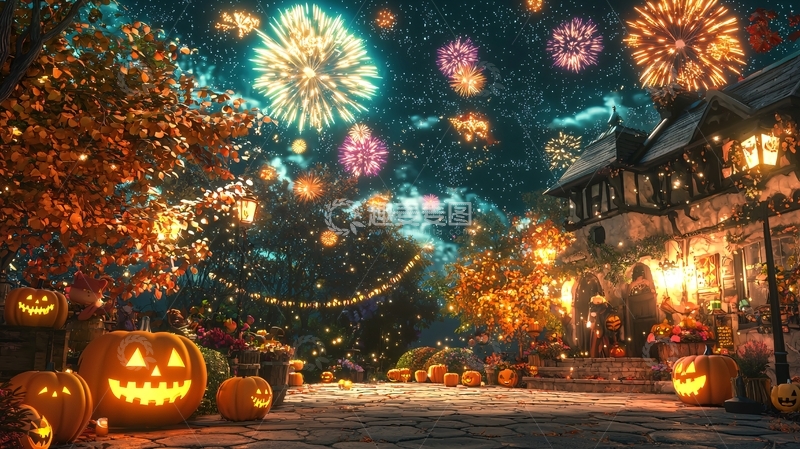 高清大图下载【趣麦麦图】万圣节夜景烟花南瓜灯