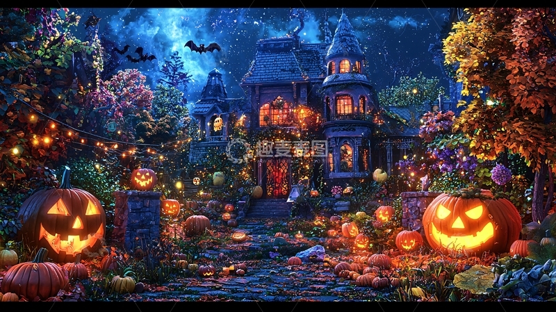 高清大图下载【趣麦麦图】万圣节南瓜灯与古堡夜景