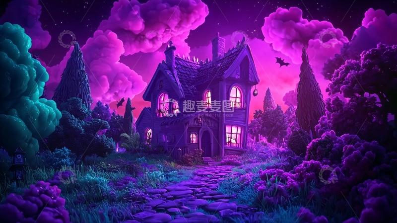 高清大图下载【趣麦麦图】紫色梦幻童话小屋夜景