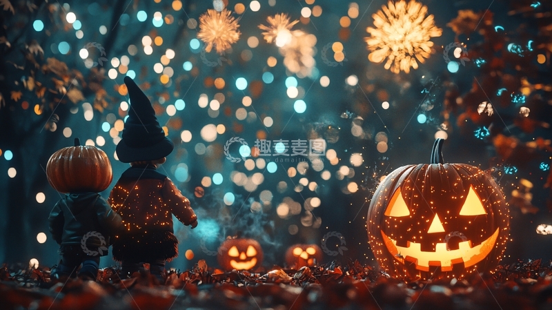 高清大图下载【趣麦麦图】万圣节夜景南瓜灯烟花