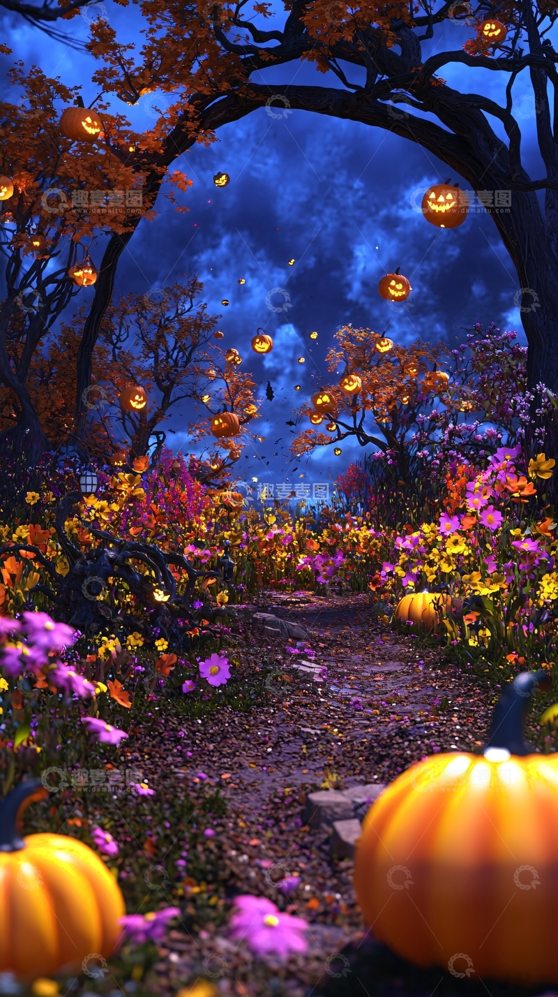 高清大图下载【趣麦麦图】万圣节南瓜灯森林夜景