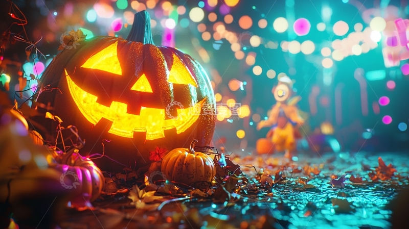 高清大图下载【趣麦麦图】万圣节南瓜灯与彩灯背景