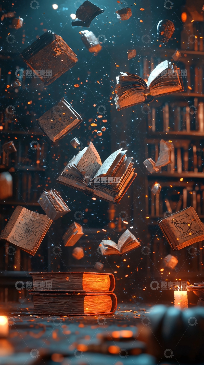 高清大图下载【趣麦麦图】书籍飞舞的魔法图书馆