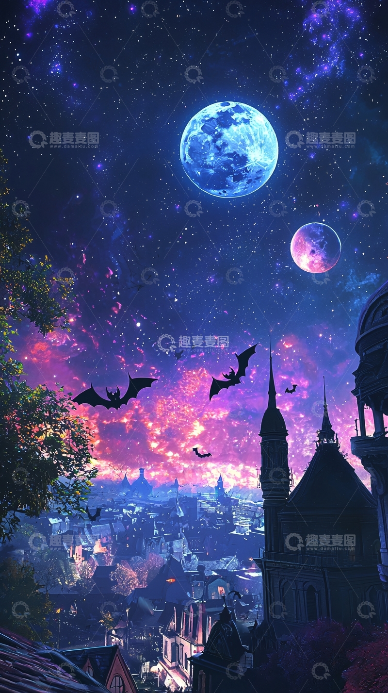 高清大图下载【趣麦麦图】夜空中的蝙蝠与梦幻城市