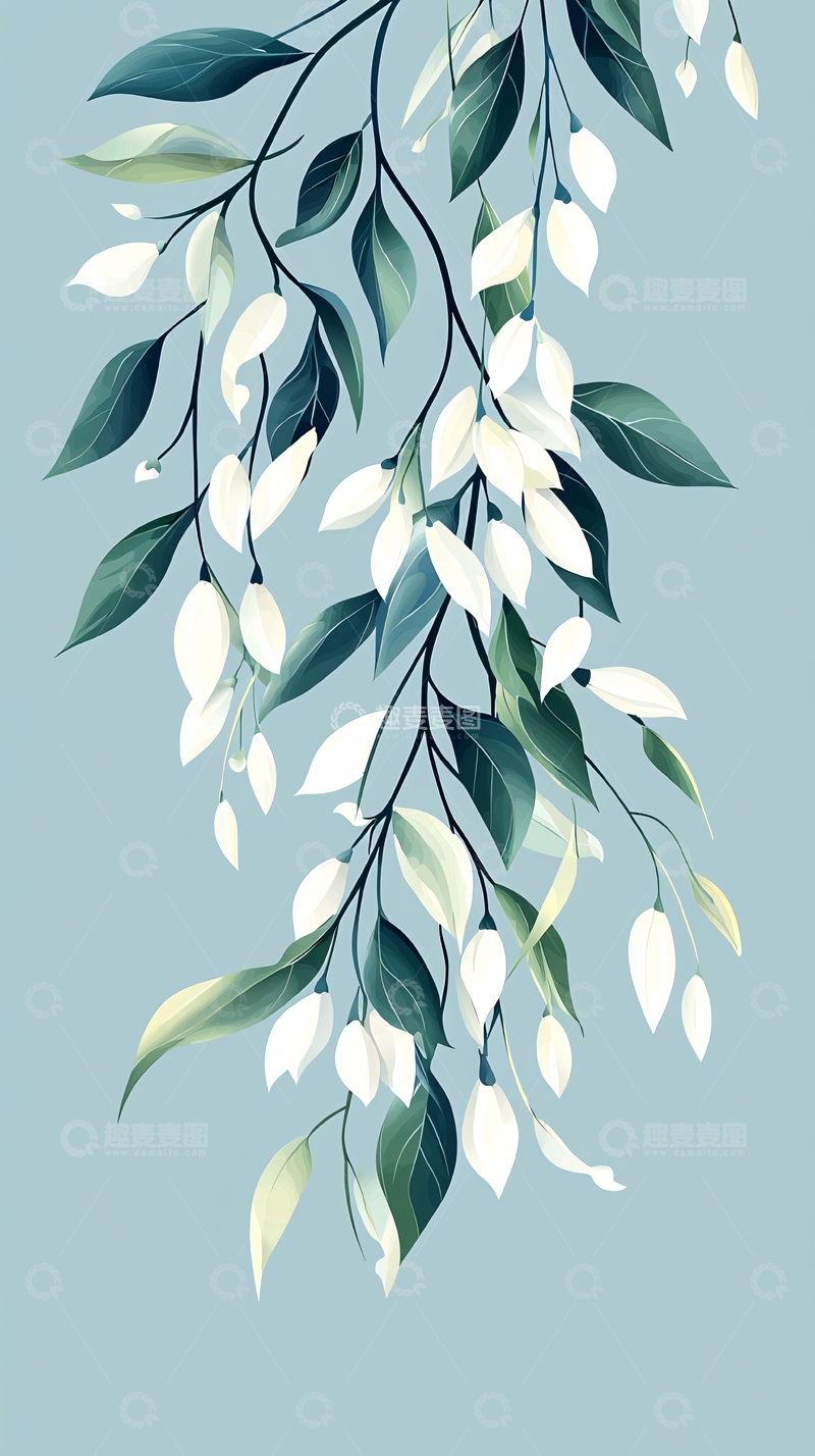 高清大图下载【趣麦麦图】垂柳白花树枝插画素材