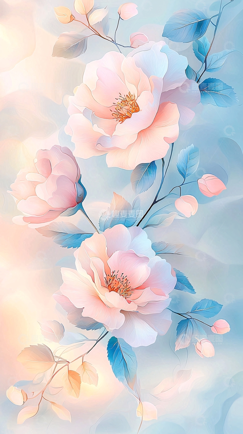 高清大图下载【趣麦麦图】粉蓝渐变花卉背景图
