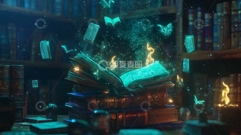 高清大图下载【趣麦麦图】魔法图书馆中的燃烧书籍