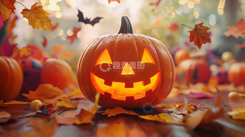 高清大图下载【趣麦麦图】万圣节南瓜灯与落叶