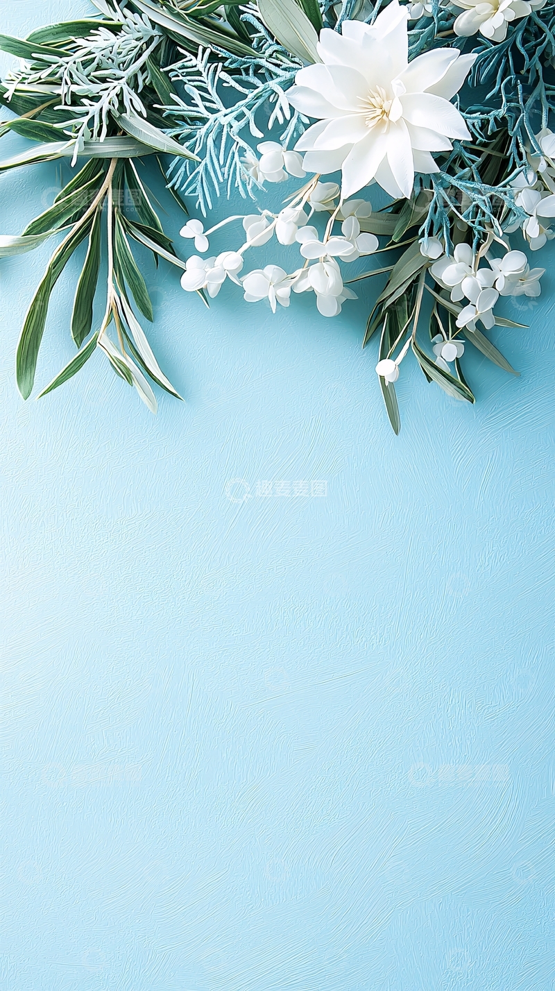 高清大图下载【趣麦麦图】清新蓝色背景花卉装饰素材