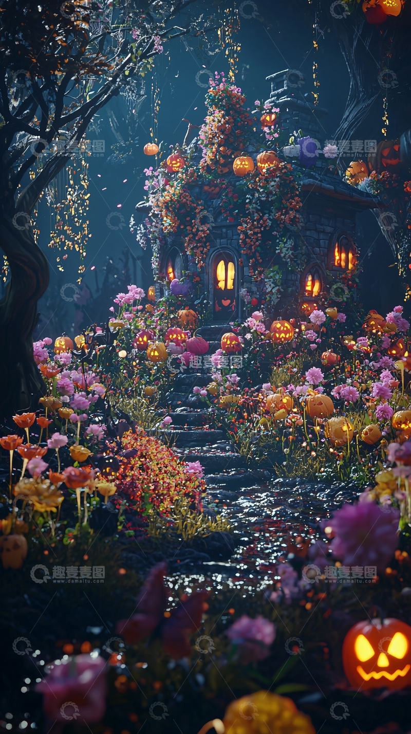 高清大图下载【趣麦麦图】万圣节南瓜灯装饰的小屋