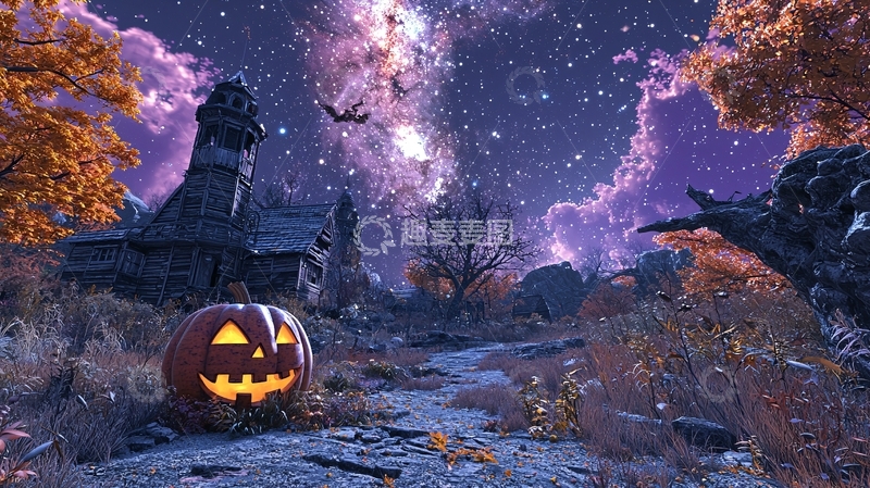 高清大图下载【趣麦麦图】万圣节夜景南瓜灯木屋